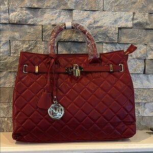 NWT Badgley Mischka Red Quilted Satchel with Gold Hardware